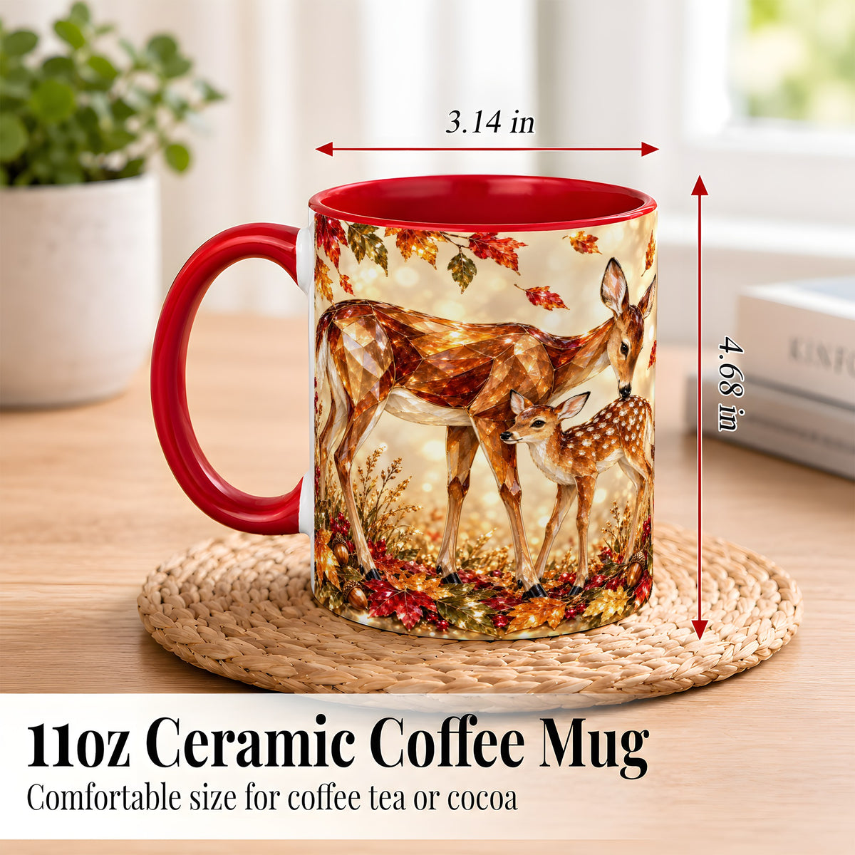 #pl[11oz|Red] Faceted Deer and Fawn Coffee Mug, Autumn Woodland Mug, Ceramic Cup