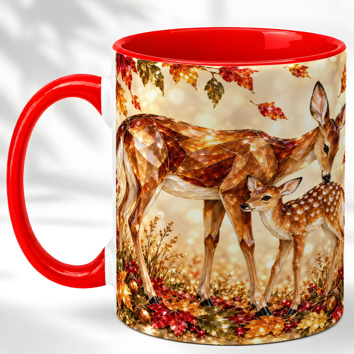 Faceted Deer and Fawn Coffee Mug, Autumn Woodland Mug, Ceramic Cup
