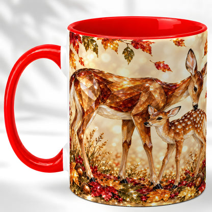 Faceted Deer and Fawn Coffee Mug, Autumn Woodland Mug, Ceramic Cup