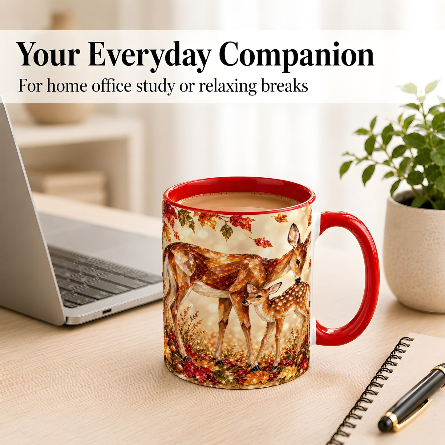 #pl[11oz|Red] Faceted Deer and Fawn Coffee Mug, Autumn Woodland Mug, Ceramic Cup