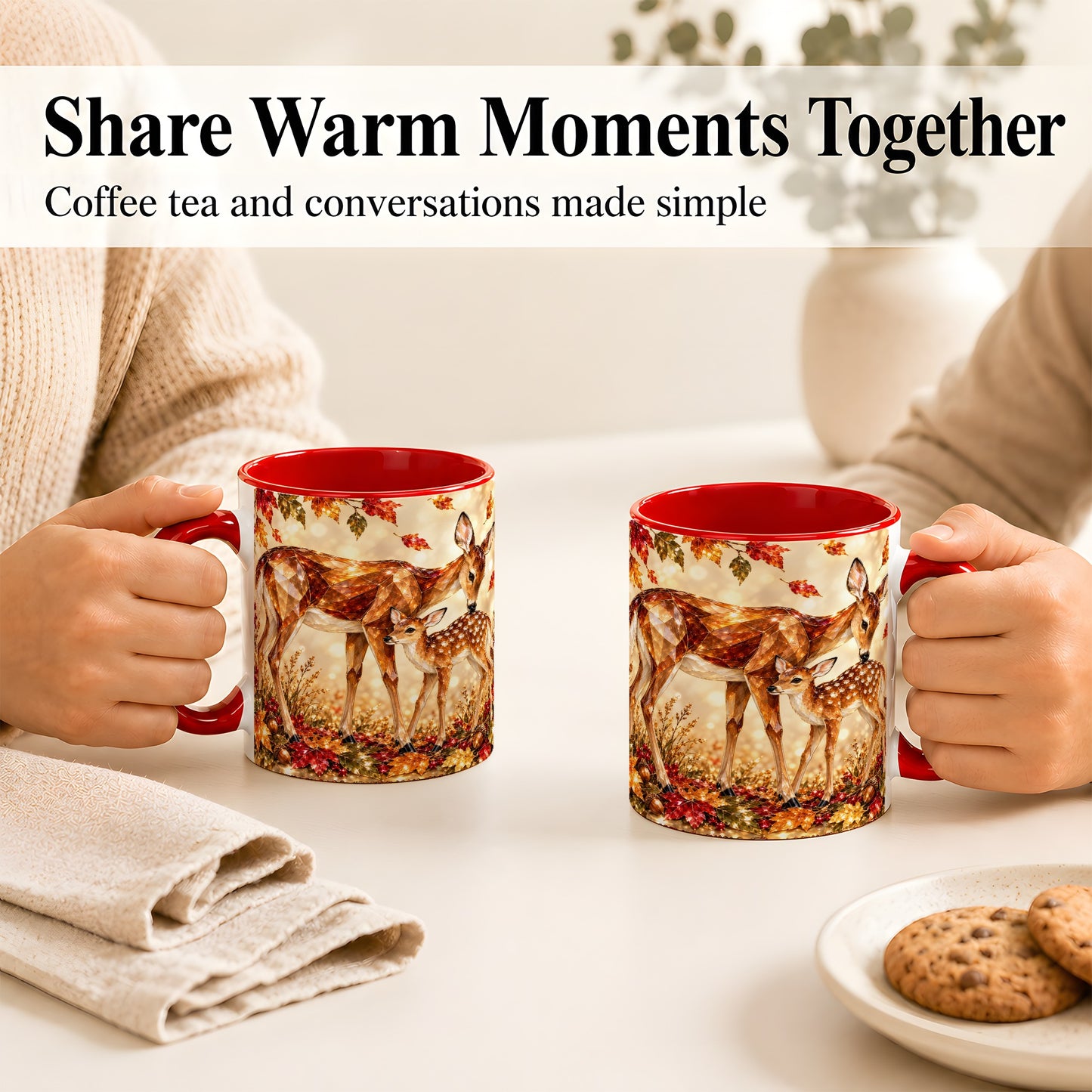#pl[11oz|Red] Faceted Deer and Fawn Coffee Mug, Autumn Woodland Mug, Ceramic Cup