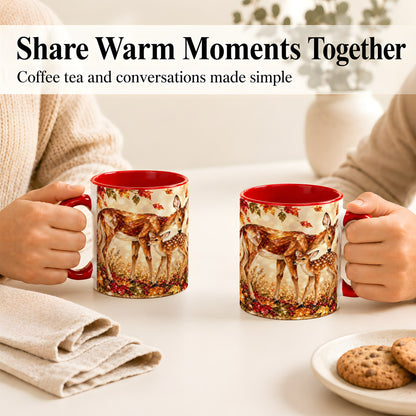 #pl[11oz|Red] Faceted Deer and Fawn Coffee Mug, Autumn Woodland Mug, Ceramic Cup