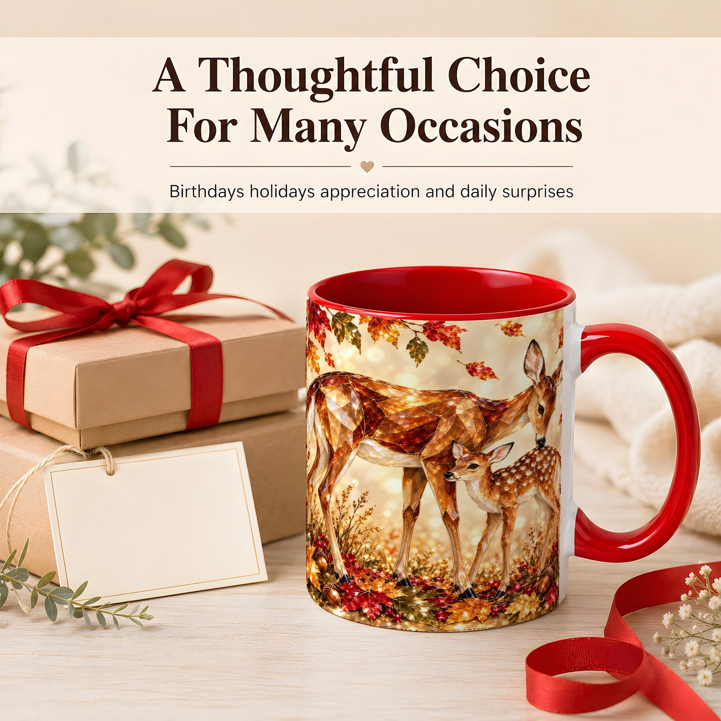 #pl[11oz|Red] Faceted Deer and Fawn Coffee Mug, Autumn Woodland Mug, Ceramic Cup