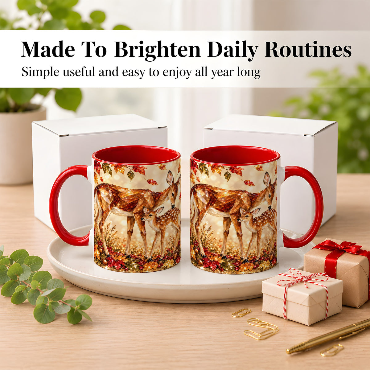 #pl[11oz|Red] Faceted Deer and Fawn Coffee Mug, Autumn Woodland Mug, Ceramic Cup