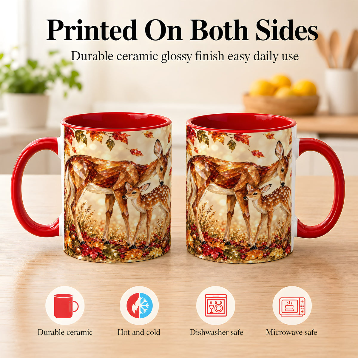 #pl[11oz|Red] Faceted Deer and Fawn Coffee Mug, Autumn Woodland Mug, Ceramic Cup