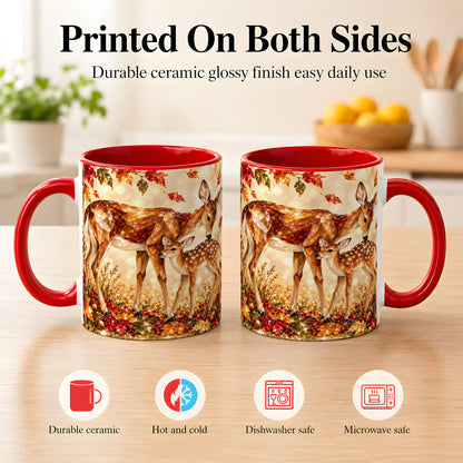 #pl[11oz|Red] Faceted Deer and Fawn Coffee Mug, Autumn Woodland Mug, Ceramic Cup