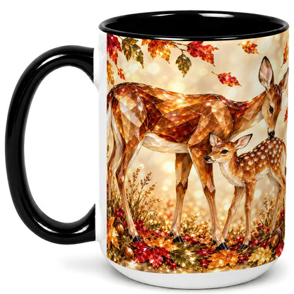 #pl[15oz|Black] Faceted Deer and Fawn Coffee Mug, Autumn Woodland Mug, Ceramic Cup