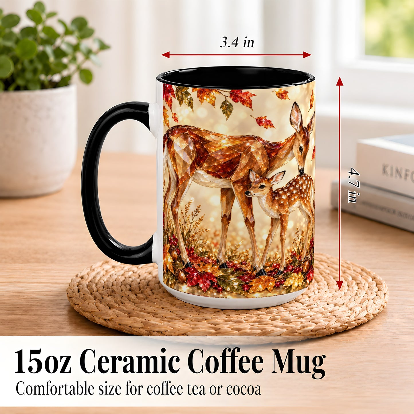 #pl[15oz|Black] Faceted Deer and Fawn Coffee Mug, Autumn Woodland Mug, Ceramic Cup