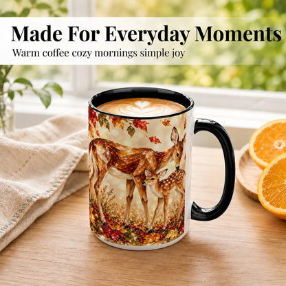 #pl[15oz|Black] Faceted Deer and Fawn Coffee Mug, Autumn Woodland Mug, Ceramic Cup