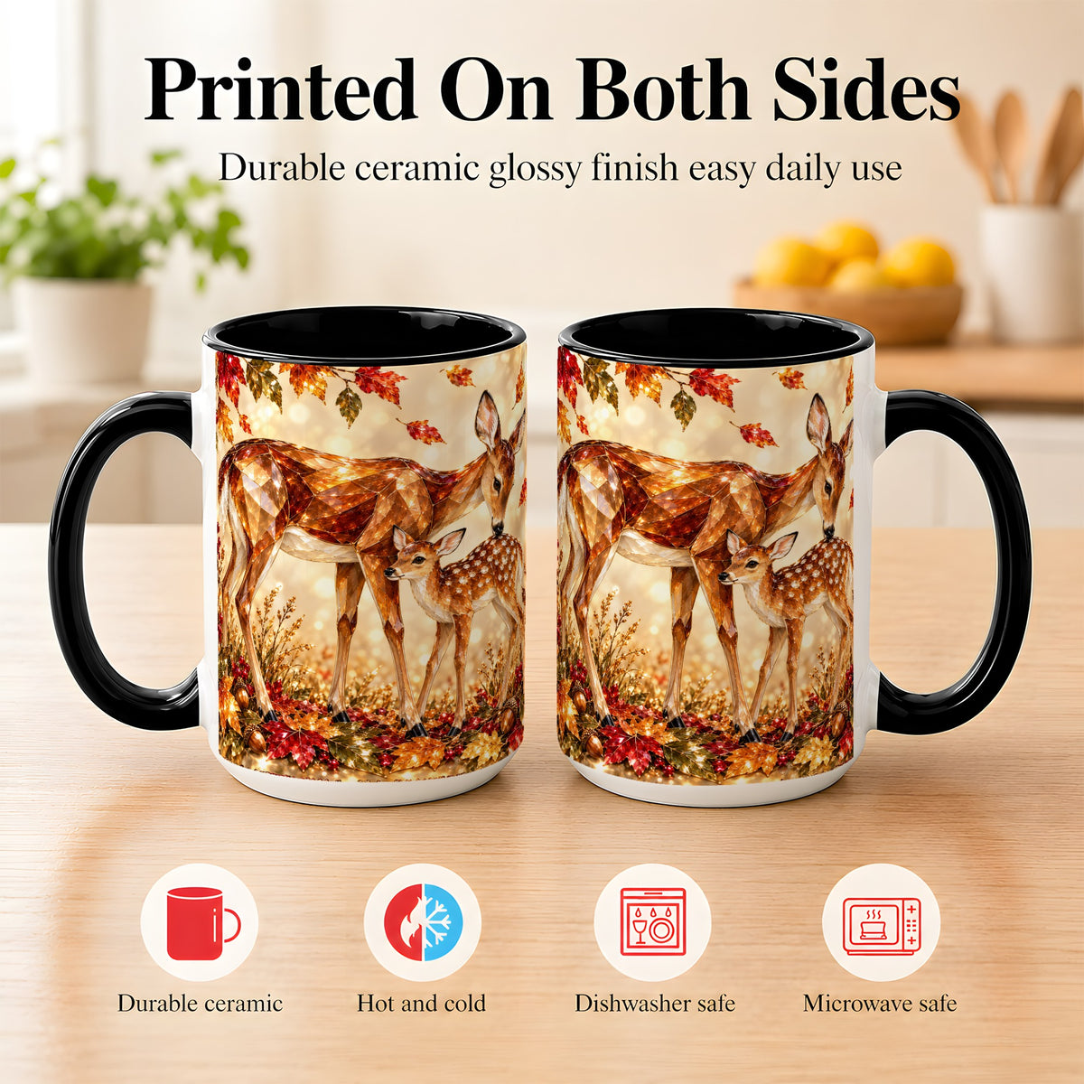 #pl[15oz|Black] Faceted Deer and Fawn Coffee Mug, Autumn Woodland Mug, Ceramic Cup