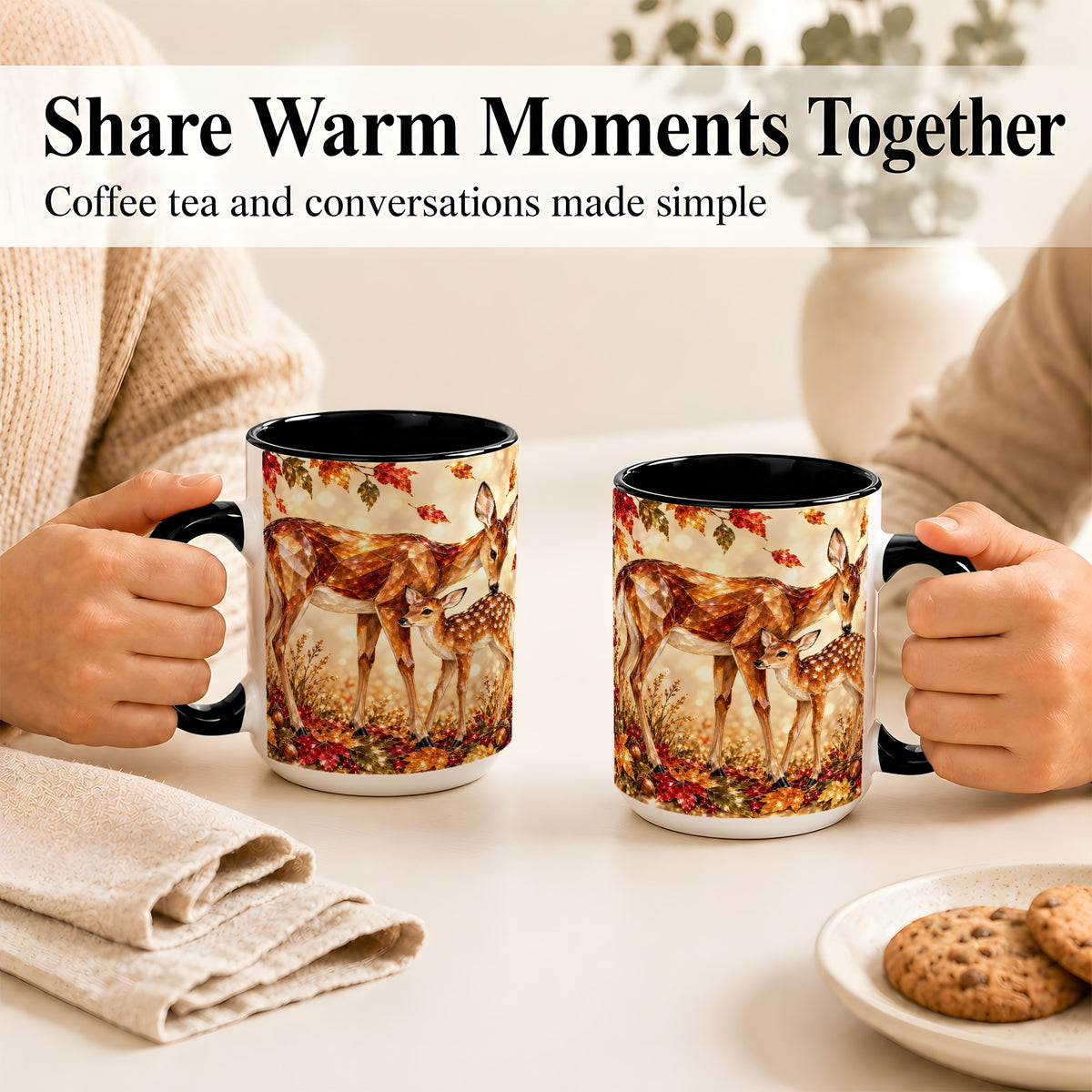 #pl[15oz|Black] Faceted Deer and Fawn Coffee Mug, Autumn Woodland Mug, Ceramic Cup