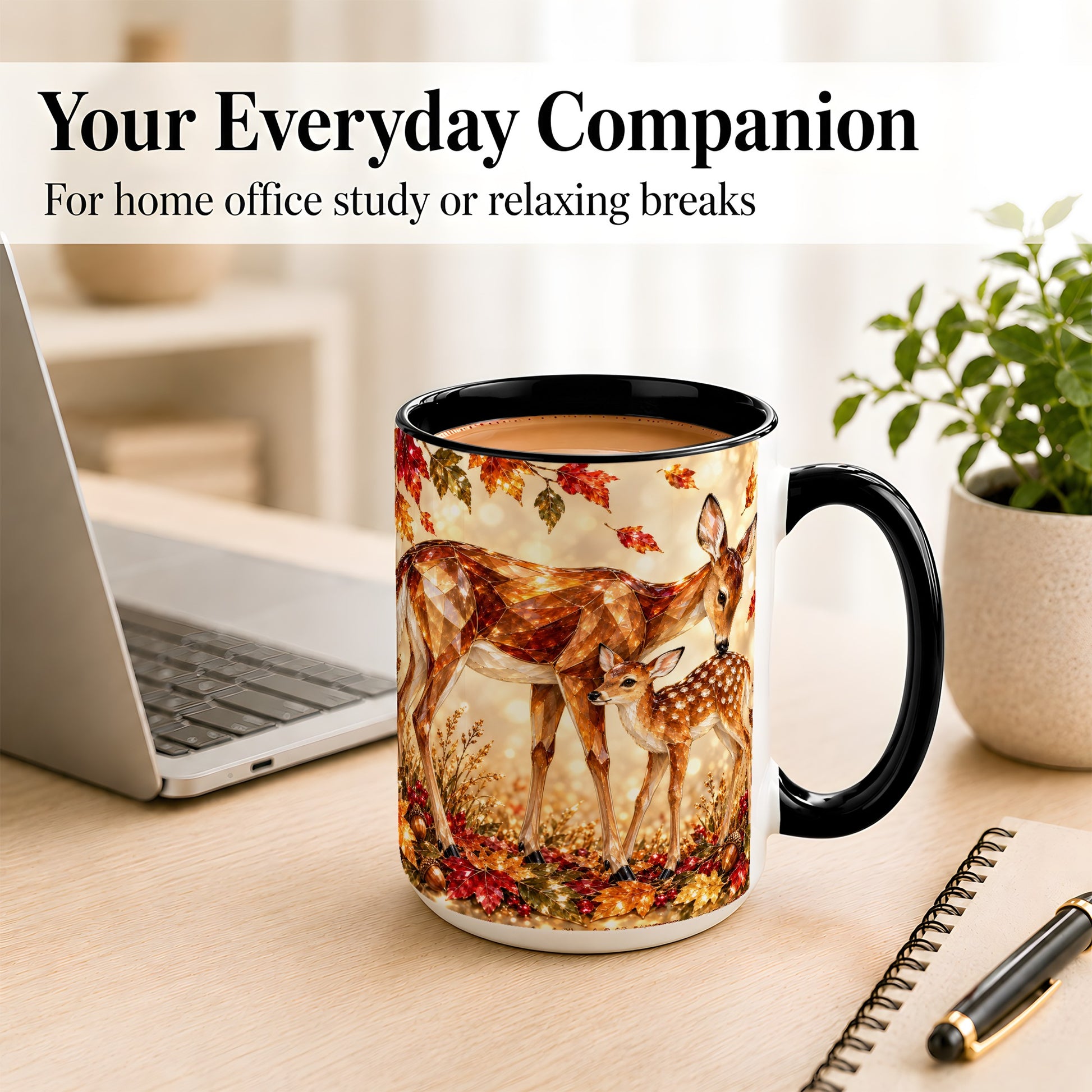 #pl[15oz|Black] Faceted Deer and Fawn Coffee Mug, Autumn Woodland Mug, Ceramic Cup