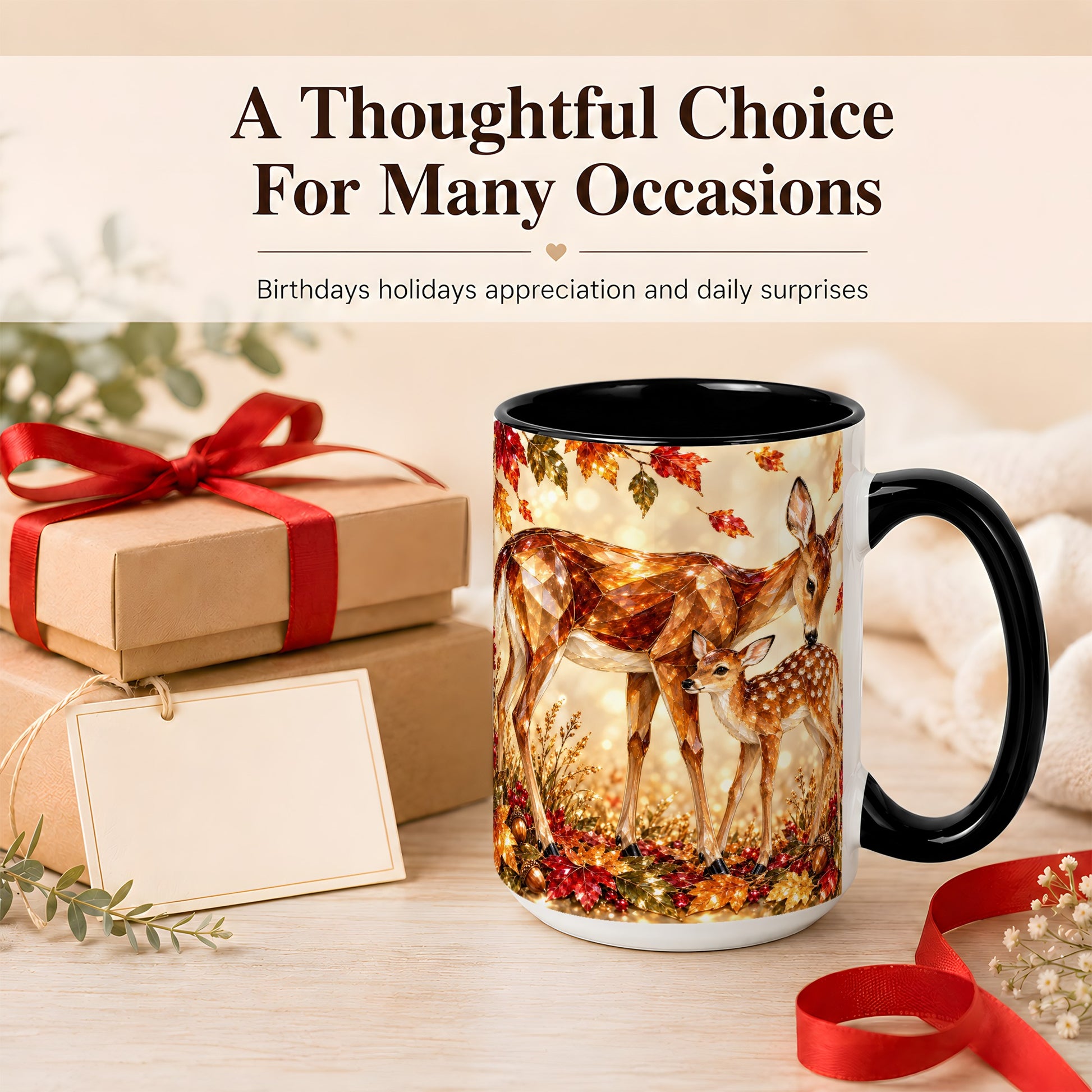 #pl[15oz|Black] Faceted Deer and Fawn Coffee Mug, Autumn Woodland Mug, Ceramic Cup