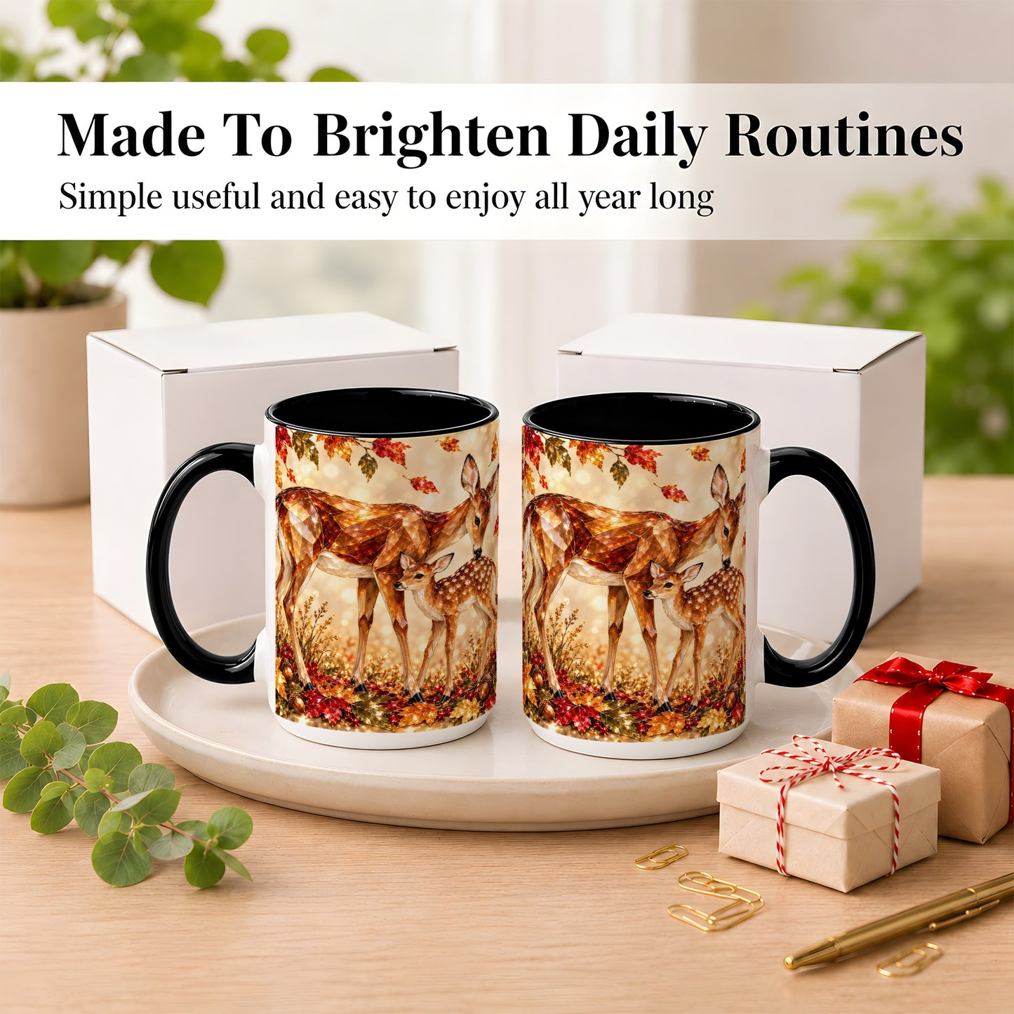 #pl[15oz|Black] Faceted Deer and Fawn Coffee Mug, Autumn Woodland Mug, Ceramic Cup
