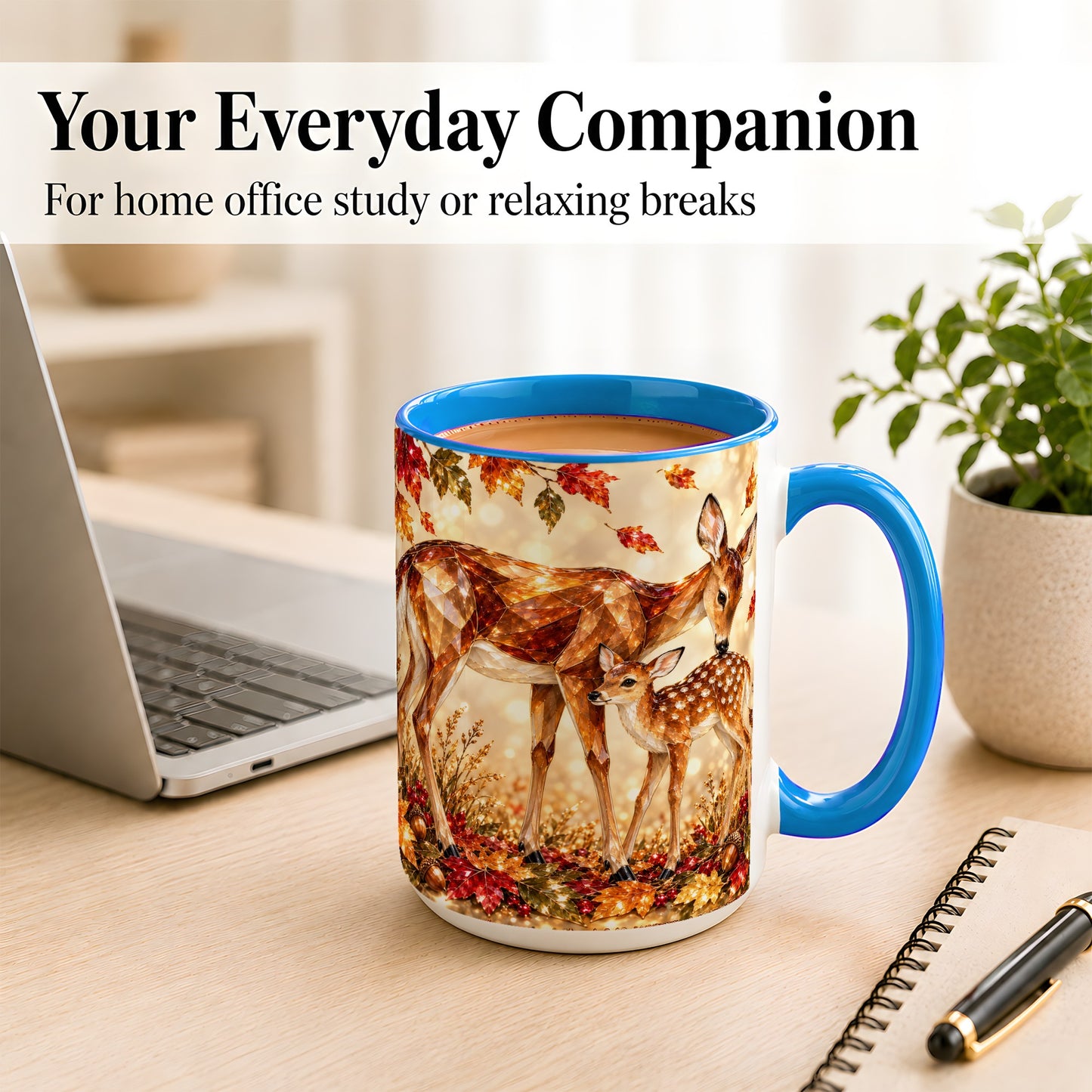 #pl[15oz|Blue] Faceted Deer and Fawn Coffee Mug, Autumn Woodland Mug, Ceramic Cup