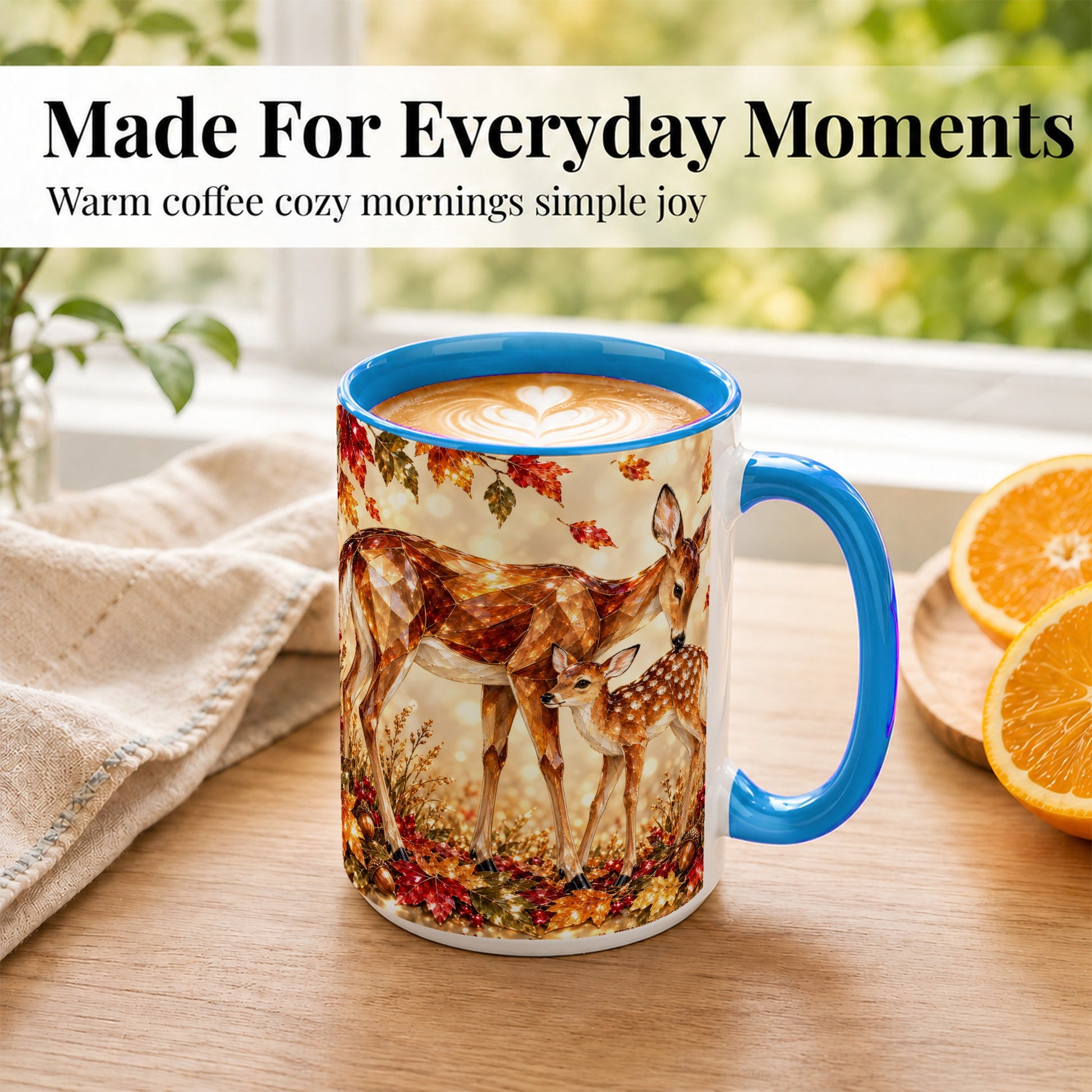 #pl[15oz|Blue] Faceted Deer and Fawn Coffee Mug, Autumn Woodland Mug, Ceramic Cup