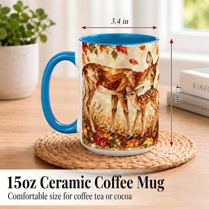 #pl[15oz|Blue] Faceted Deer and Fawn Coffee Mug, Autumn Woodland Mug, Ceramic Cup