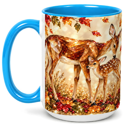 #pl[15oz|Blue] Faceted Deer and Fawn Coffee Mug, Autumn Woodland Mug, Ceramic Cup
