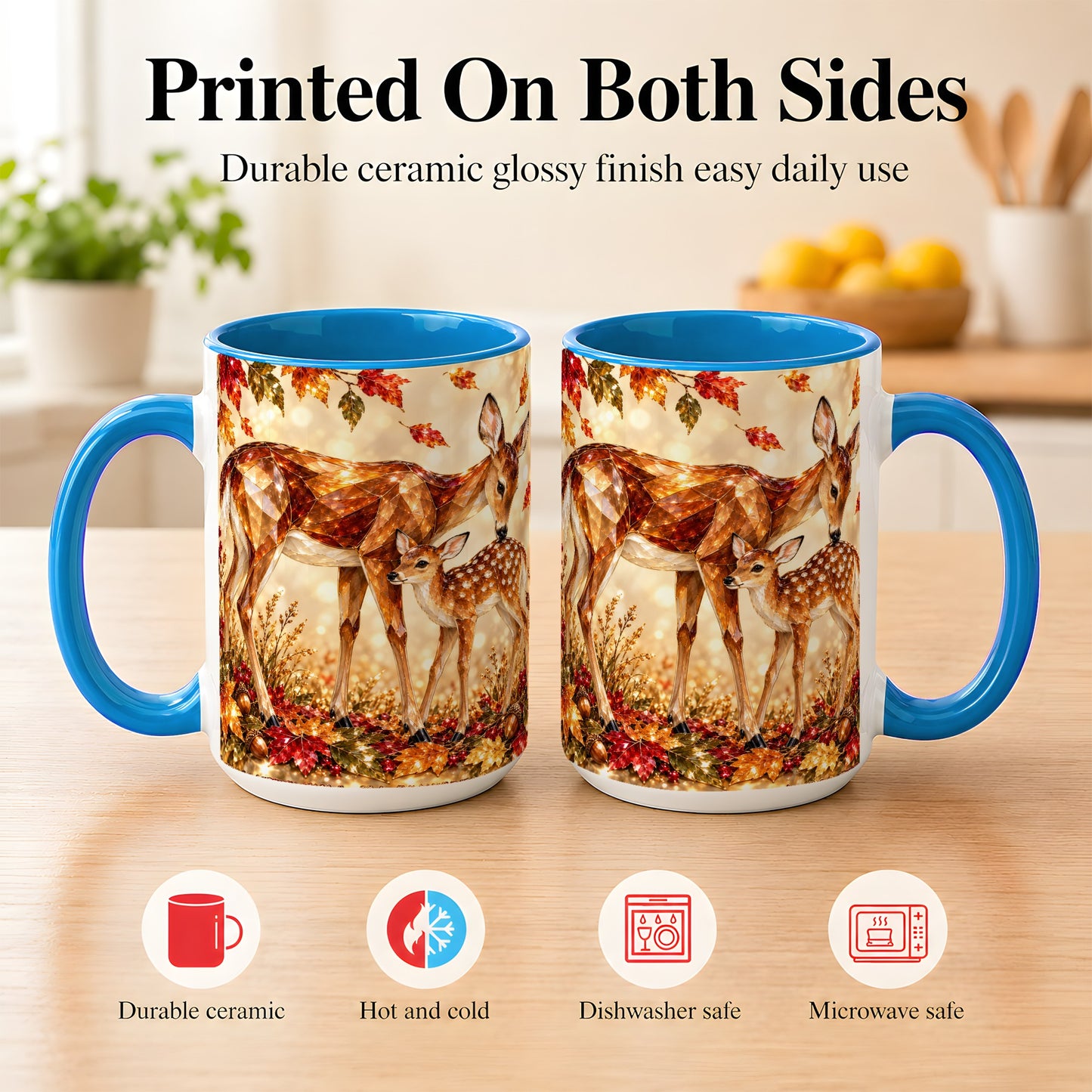 #pl[15oz|Blue] Faceted Deer and Fawn Coffee Mug, Autumn Woodland Mug, Ceramic Cup