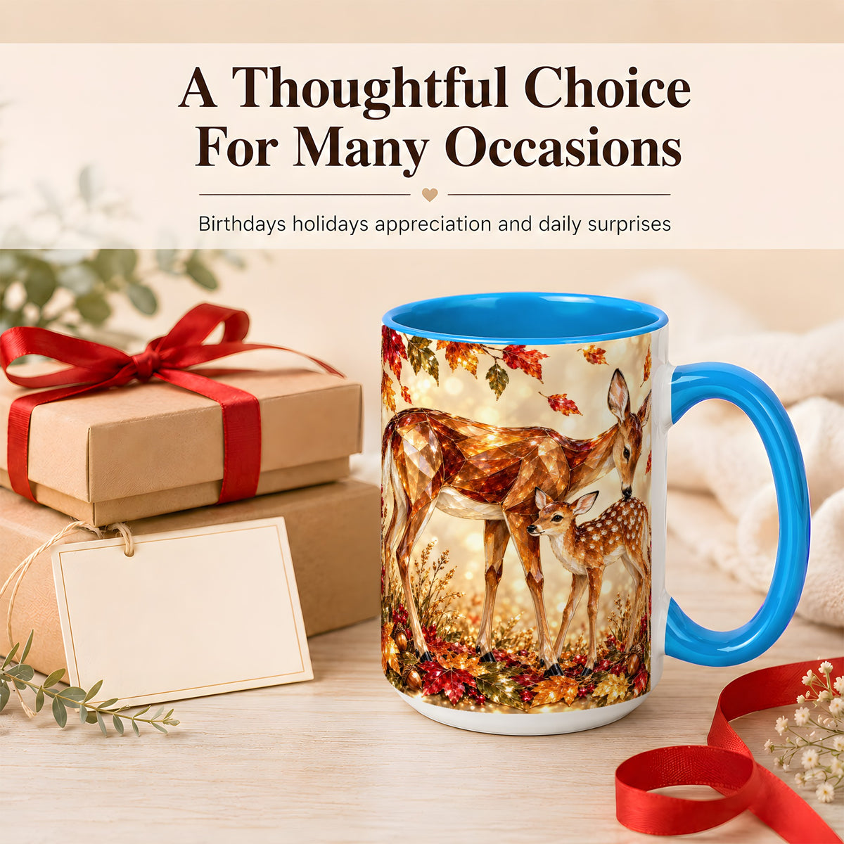 #pl[15oz|Blue] Faceted Deer and Fawn Coffee Mug, Autumn Woodland Mug, Ceramic Cup
