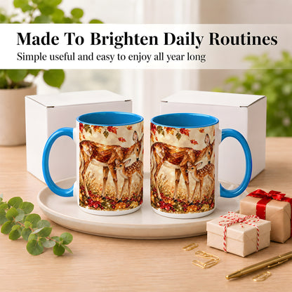 #pl[15oz|Blue] Faceted Deer and Fawn Coffee Mug, Autumn Woodland Mug, Ceramic Cup
