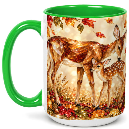 #pl[15oz|Green] Faceted Deer and Fawn Coffee Mug, Autumn Woodland Mug, Ceramic Cup