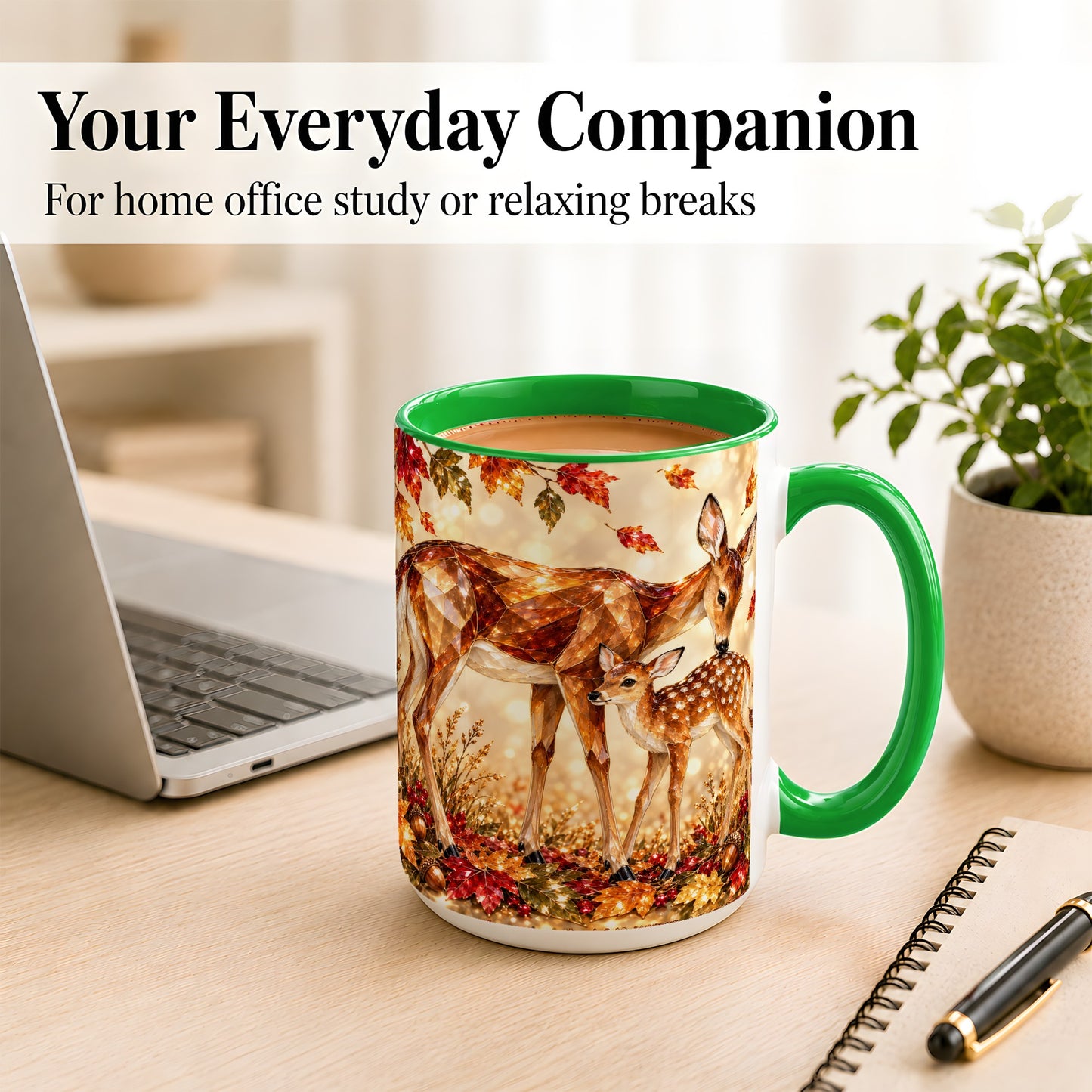 #pl[15oz|Green] Faceted Deer and Fawn Coffee Mug, Autumn Woodland Mug, Ceramic Cup