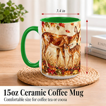 #pl[15oz|Green] Faceted Deer and Fawn Coffee Mug, Autumn Woodland Mug, Ceramic Cup