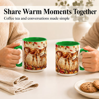 #pl[15oz|Green] Faceted Deer and Fawn Coffee Mug, Autumn Woodland Mug, Ceramic Cup