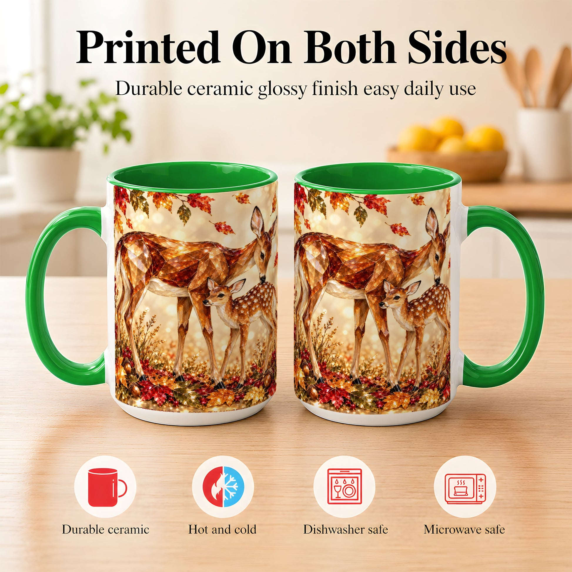 #pl[15oz|Green] Faceted Deer and Fawn Coffee Mug, Autumn Woodland Mug, Ceramic Cup