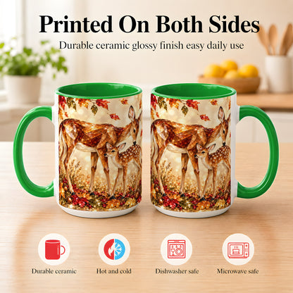 #pl[15oz|Green] Faceted Deer and Fawn Coffee Mug, Autumn Woodland Mug, Ceramic Cup