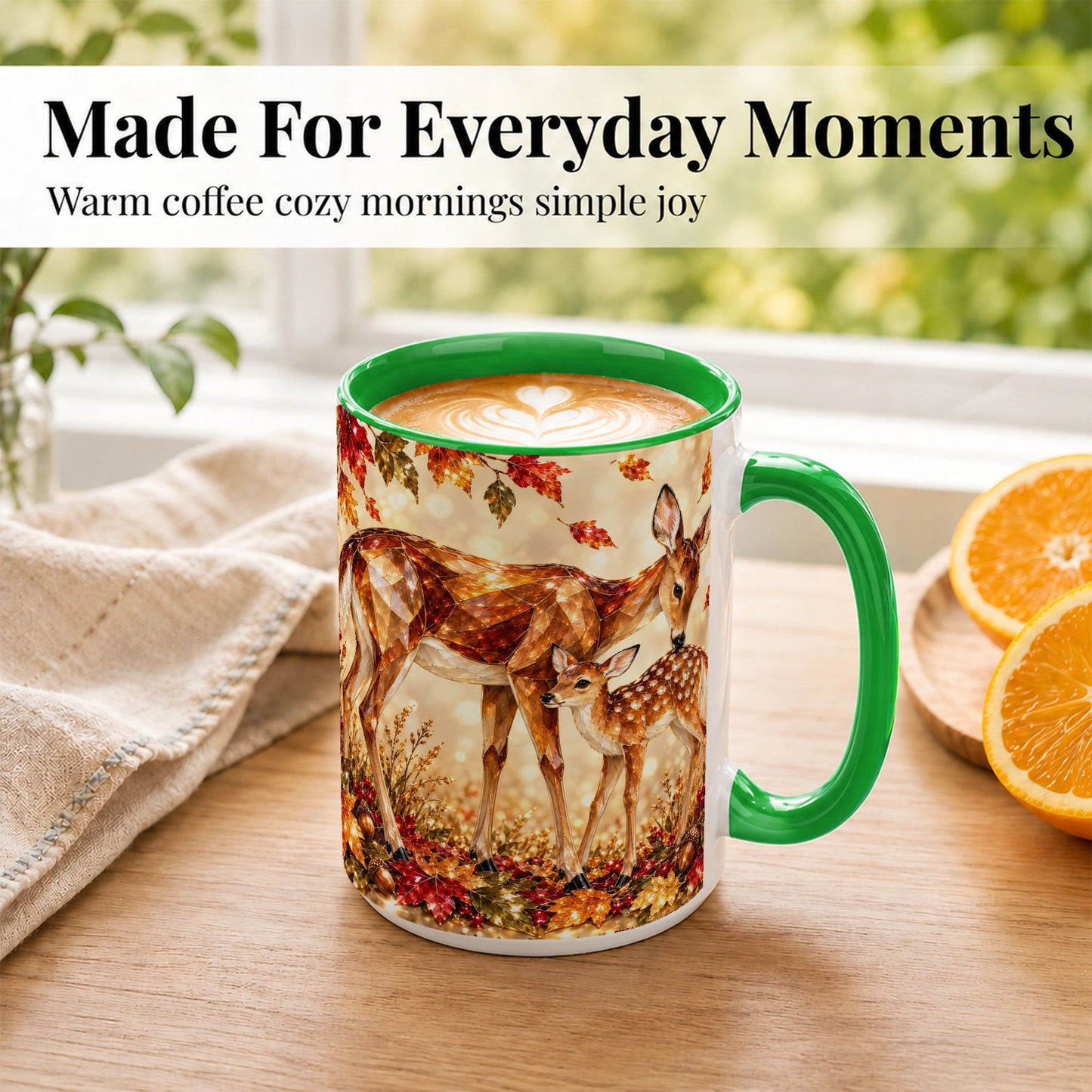 #pl[15oz|Green] Faceted Deer and Fawn Coffee Mug, Autumn Woodland Mug, Ceramic Cup