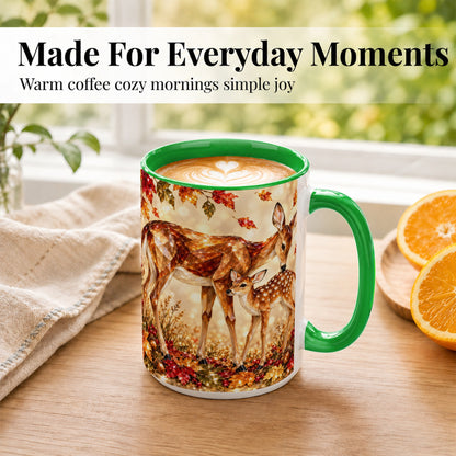 #pl[15oz|Green] Faceted Deer and Fawn Coffee Mug, Autumn Woodland Mug, Ceramic Cup