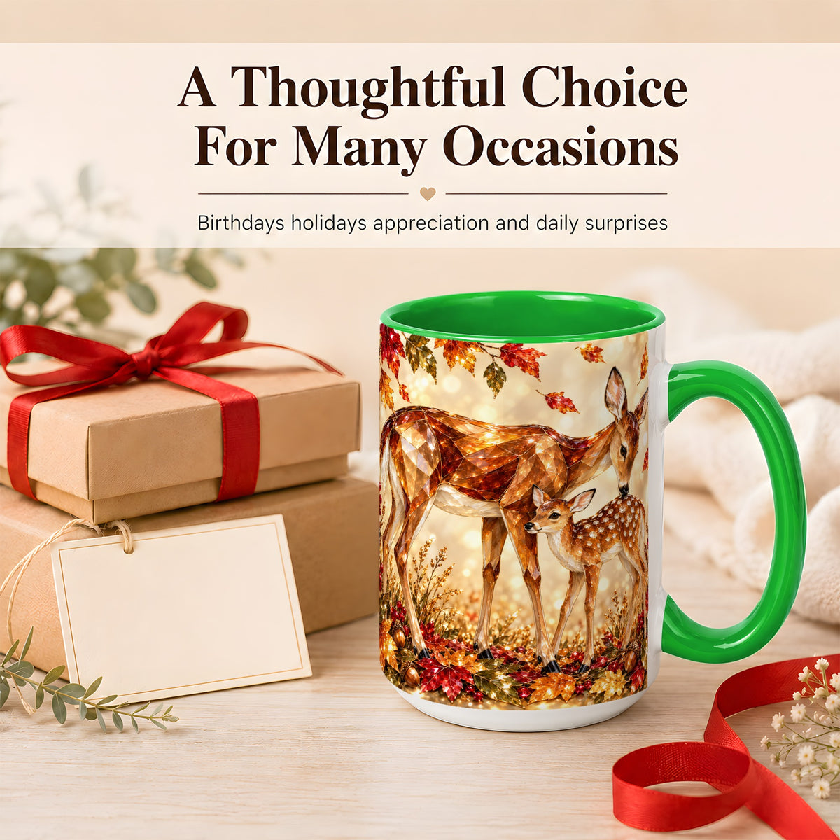 #pl[15oz|Green] Faceted Deer and Fawn Coffee Mug, Autumn Woodland Mug, Ceramic Cup
