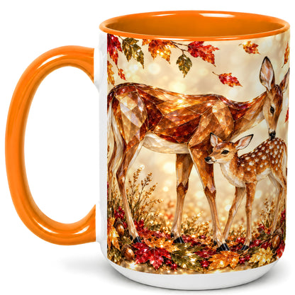 #pl[15oz|Orange] Faceted Deer and Fawn Coffee Mug, Autumn Woodland Mug, Ceramic Cup