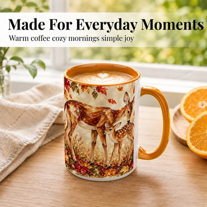 #pl[15oz|Orange] Faceted Deer and Fawn Coffee Mug, Autumn Woodland Mug, Ceramic Cup