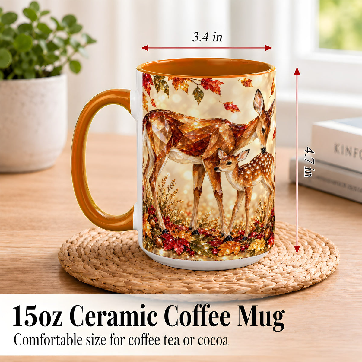 #pl[15oz|Orange] Faceted Deer and Fawn Coffee Mug, Autumn Woodland Mug, Ceramic Cup