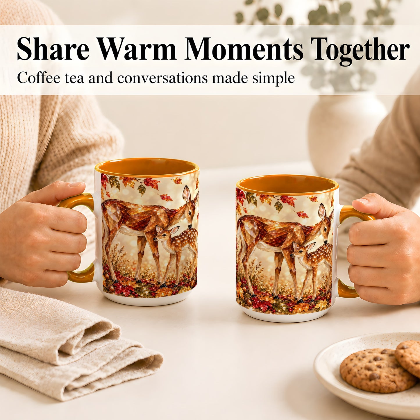 #pl[15oz|Orange] Faceted Deer and Fawn Coffee Mug, Autumn Woodland Mug, Ceramic Cup