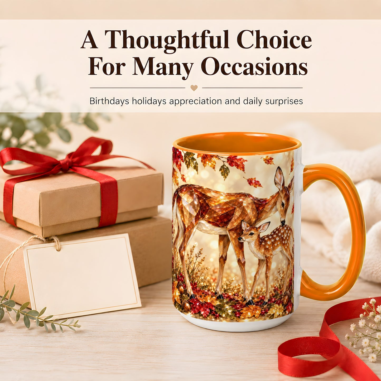 #pl[15oz|Orange] Faceted Deer and Fawn Coffee Mug, Autumn Woodland Mug, Ceramic Cup
