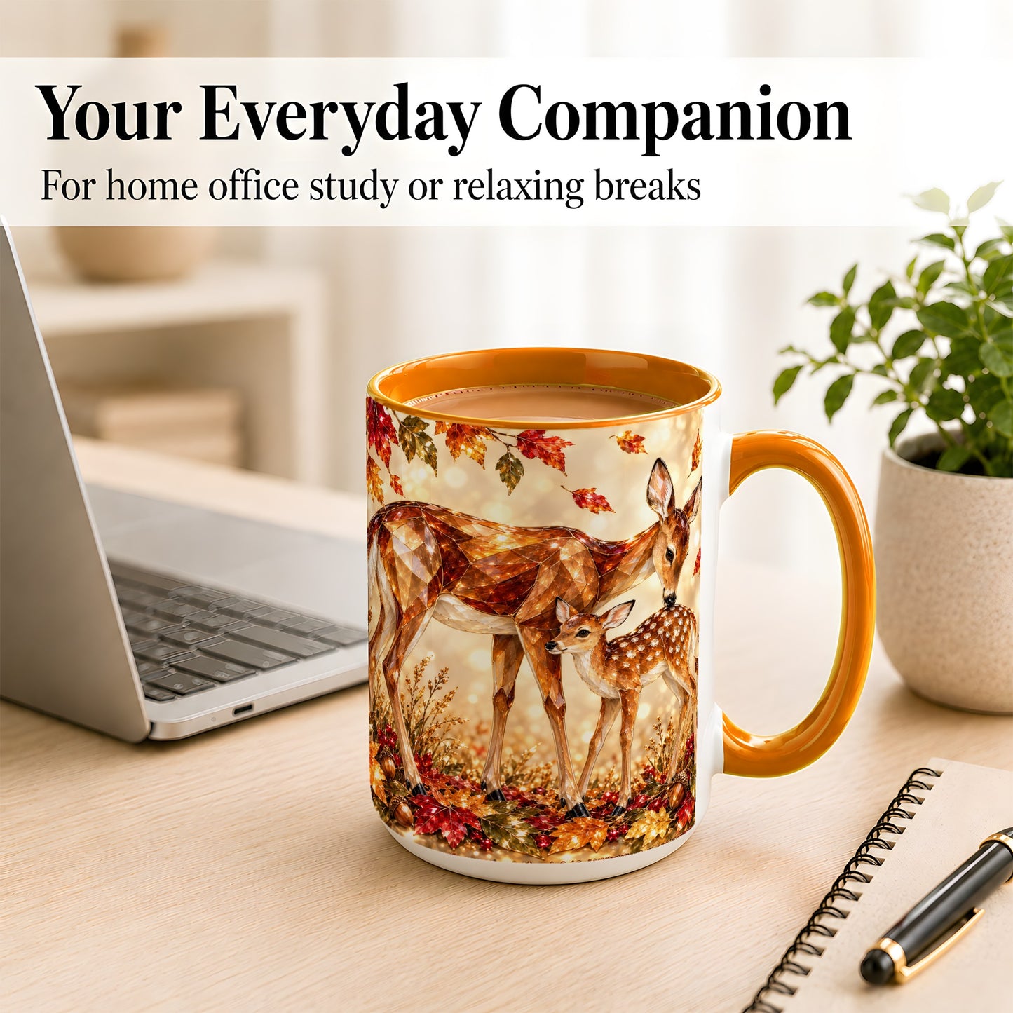 #pl[15oz|Orange] Faceted Deer and Fawn Coffee Mug, Autumn Woodland Mug, Ceramic Cup