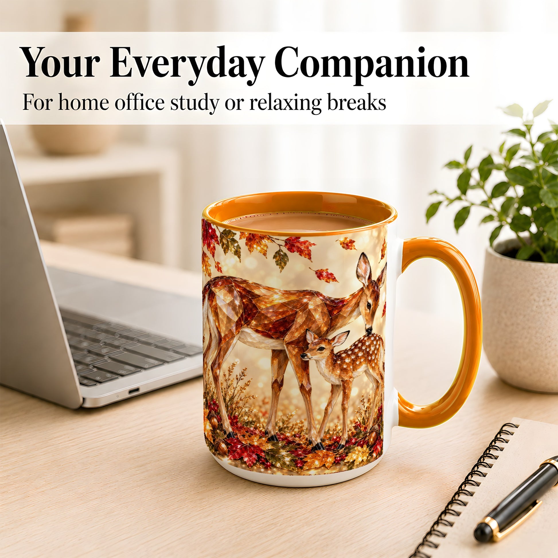 #pl[15oz|Orange] Faceted Deer and Fawn Coffee Mug, Autumn Woodland Mug, Ceramic Cup