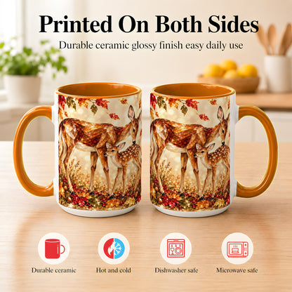 #pl[15oz|Orange] Faceted Deer and Fawn Coffee Mug, Autumn Woodland Mug, Ceramic Cup