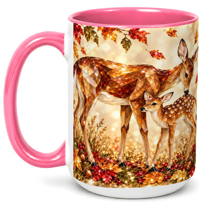 #pl[15oz|Pink] Faceted Deer and Fawn Coffee Mug, Autumn Woodland Mug, Ceramic Cup