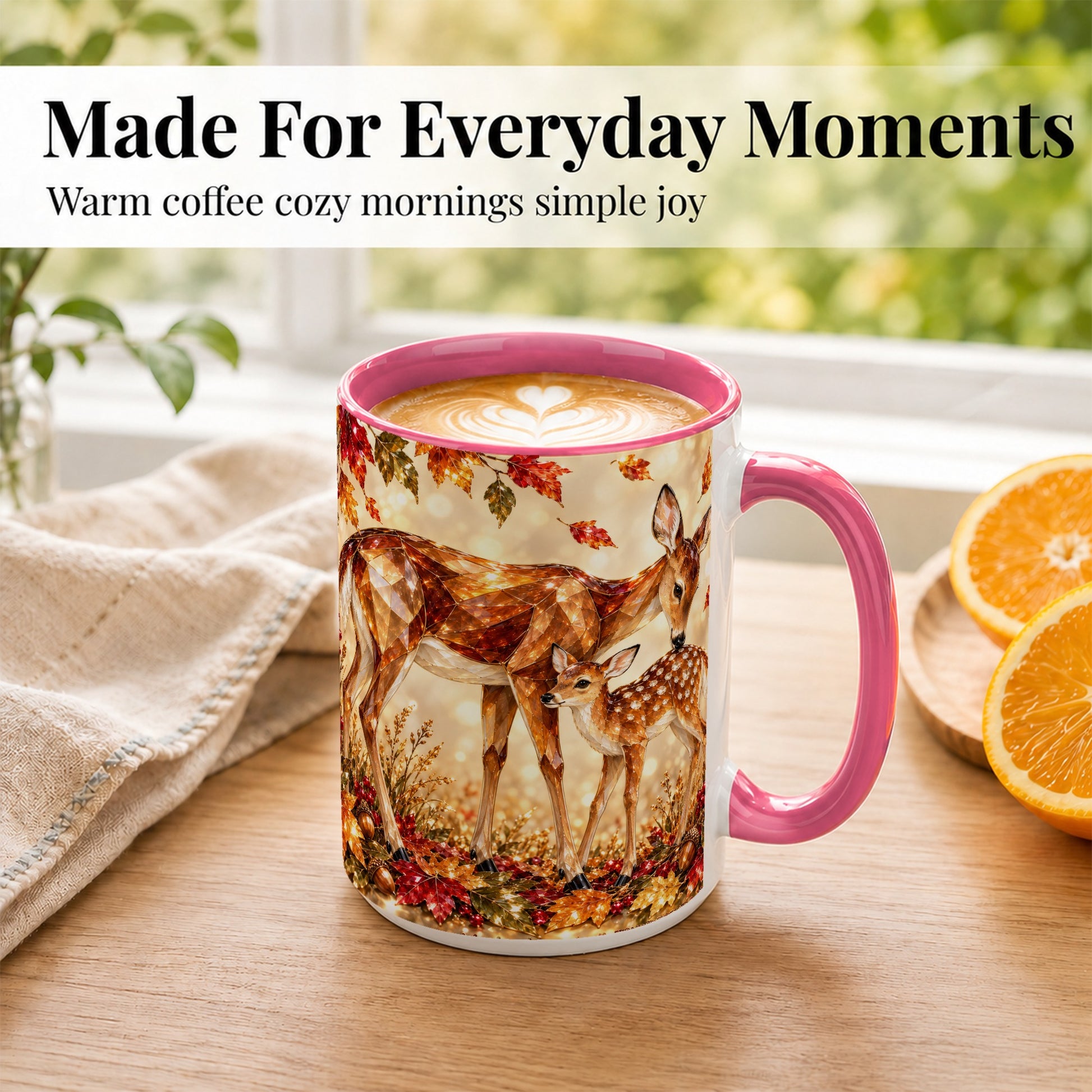 #pl[15oz|Pink] Faceted Deer and Fawn Coffee Mug, Autumn Woodland Mug, Ceramic Cup