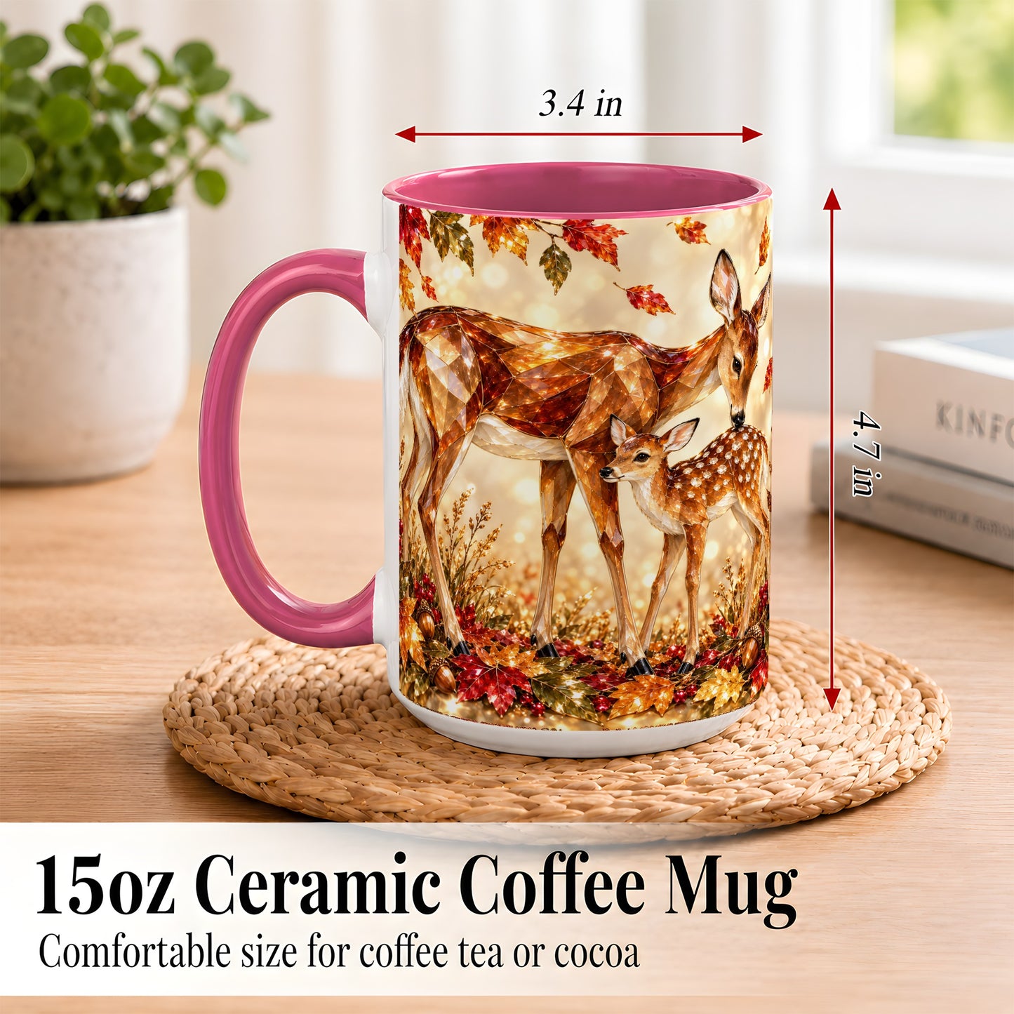 #pl[15oz|Pink] Faceted Deer and Fawn Coffee Mug, Autumn Woodland Mug, Ceramic Cup