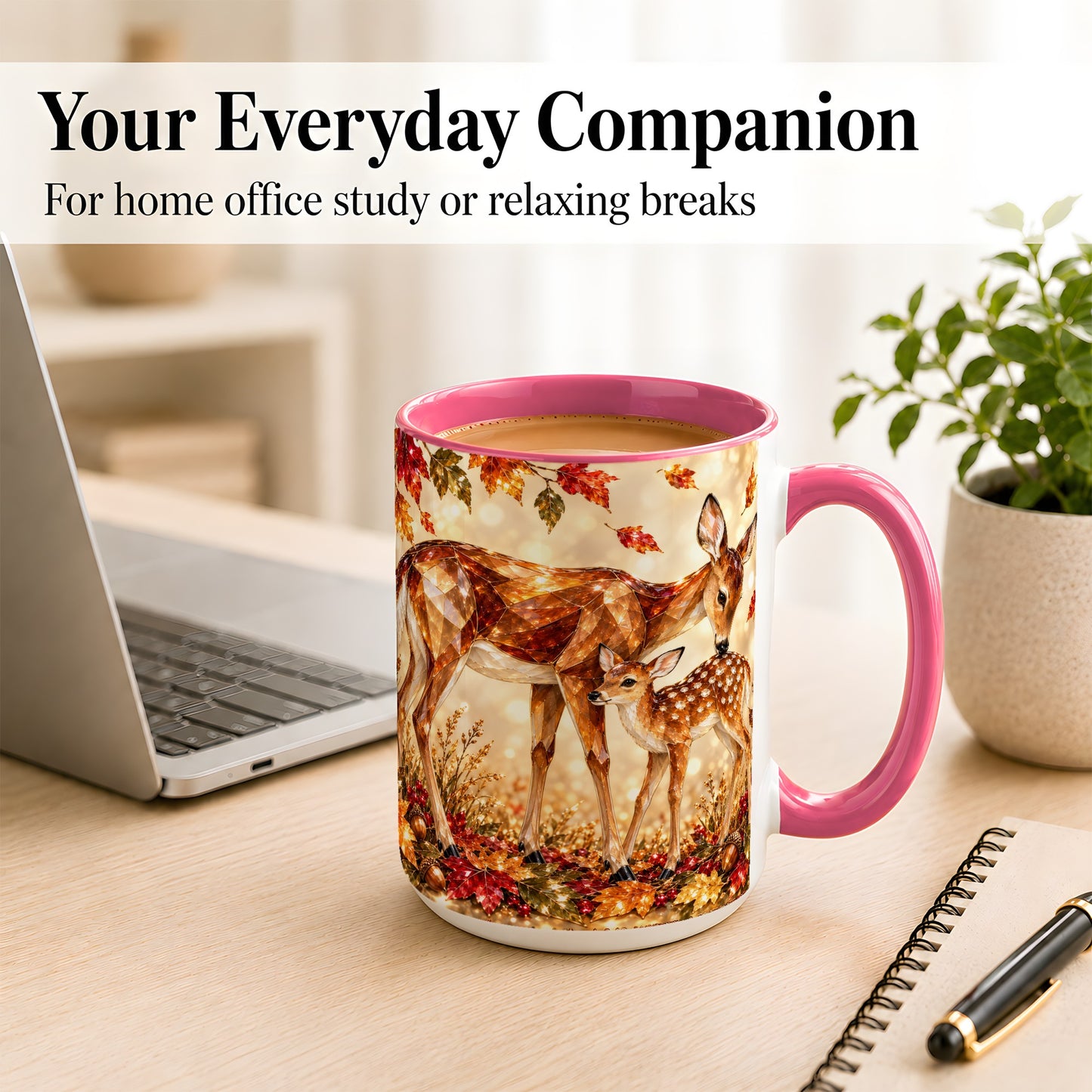 #pl[15oz|Pink] Faceted Deer and Fawn Coffee Mug, Autumn Woodland Mug, Ceramic Cup