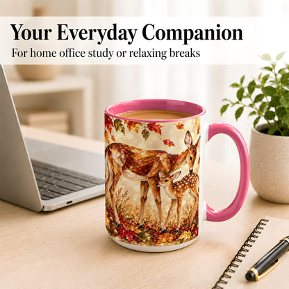 #pl[15oz|Pink] Faceted Deer and Fawn Coffee Mug, Autumn Woodland Mug, Ceramic Cup