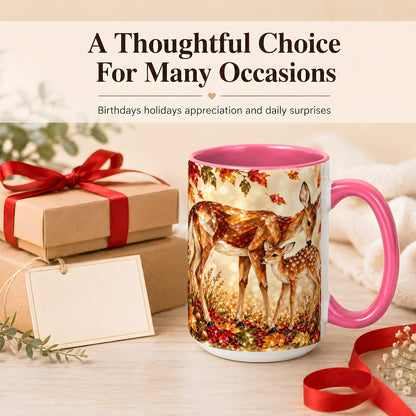 #pl[15oz|Pink] Faceted Deer and Fawn Coffee Mug, Autumn Woodland Mug, Ceramic Cup