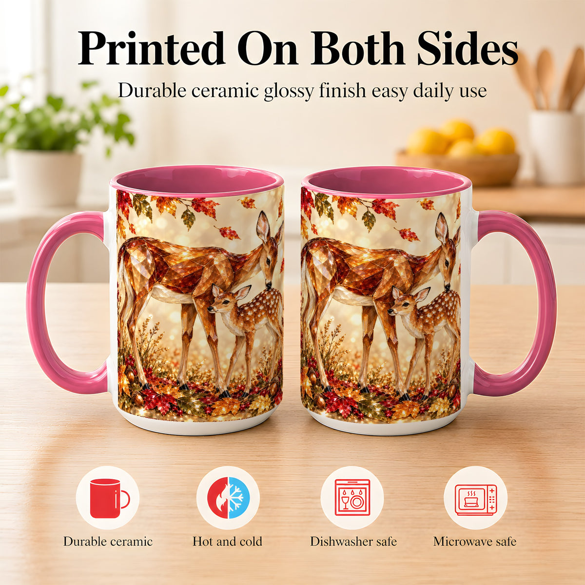 #pl[15oz|Pink] Faceted Deer and Fawn Coffee Mug, Autumn Woodland Mug, Ceramic Cup