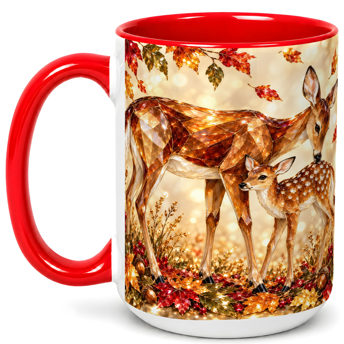 #pl[15oz|Red] Faceted Deer and Fawn Coffee Mug, Autumn Woodland Mug, Ceramic Cup